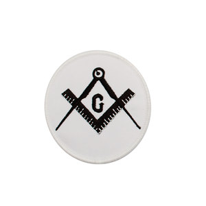 Round Embroidered Patch with White Background and Black Design Iron-On Canvas Fabric for Hats & Apparel - Product Image 1