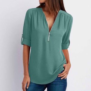 Womens Lightweight Slimming Tshirt New Design Zipper Elegant <b>Tunic</b> Blouse Plain Three Quarter <b>Sleeve</b> - Product Image 1