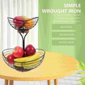 Cesta de frutas de alambre de Metal negro de 2 niveles con Base de madera, patrón de granja moderno, encimera redonda, lazos de almacenamiento de cocina para fiestas - Product Image 5