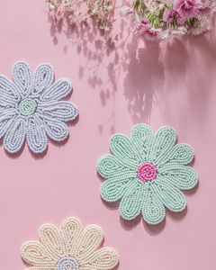 Round Beaded <b>Coaster</b> Mats Disco Party Retro Fabric Handmade <b>Table</b> Decor - Product Image 3
