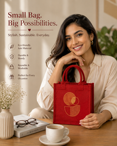 Red Jute Tote <b>Bag</b> With Geometric Design 12x6x12.5 Inches Handle Drop 4.5 Inches - Product Image 4
