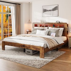 Letto Matrimoniale King Size con Struttura in Legno, Testiera Illuminata a LED e 2 Porte USB, Silenzioso, Senza Necessità di Rete a Doghe, con Vano Contenitore Integrato - Product Image 3