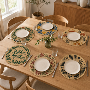 Round Natural Jute <b>Placemat</b> With Green Leaf Pattern Bless Our Nest Printed Home Decor <b>Table</b> Mat Classic Style Washable - Product Image 5