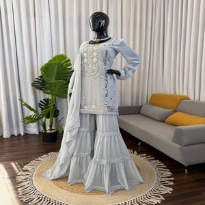 VASTRA COTTAGE Traje Sharara de Georgette Sintético con Bordado de Hilo y Lentejuelas, Conjunto de Top y Dupatta de Diseño con Encaje Elegante para Mujer - Product Image 5