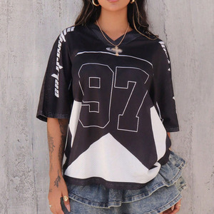 Women American Football Jersey Crop <b>Top</b> Acid Wash Short Sleeve Streetwear T Shirt Custom OEM Bulk Supplier - Product Image 4