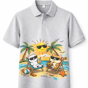 Camiseta Polo Personalizada al por Mayor para Hombre - Camiseta Polo de Algodón con Gráfico Divertido de Gato en la Playa, Manga Corta, Informal, para Verano - Product Image 1
