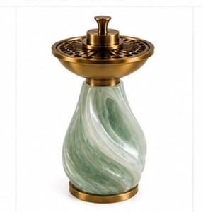 Stainless Steel Religious Eco-Friendly Indian Incense Burner <b>Bakhoor</b> <b>Oud</b> Charcoal Aroma Burner Gold Finish Green Marble Design - Product Image 4