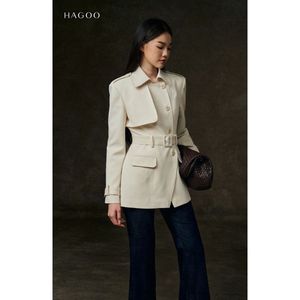 Slim-fit khaki jacket with a cinched waist Women Trench Coat Scarf Collar Belted Button Front Winter Outerwear [B8073] - Product Image 1