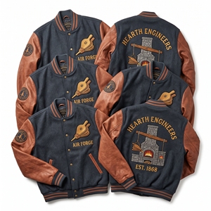 Chaqueta universitaria al por mayor, gris jaspeado, cuerpo de lana, mangas de cuero marrón óxido, abrigos Letterman de la Marca Hearth Engineers Air Forge Bellows - Product Image 1