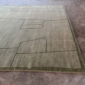 Alfombra de Lana Verde Hecha a Mano de Primera Calidad, Alfombra Moderna con Borde Geométrico, Decoración para el Hogar, Regalo - Product Image 4