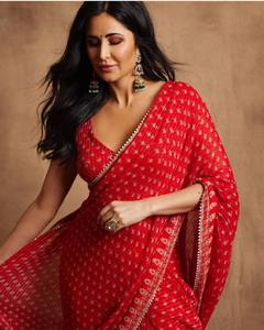 Designer <b>Red</b> Georgette <b>Saree</b> with Gold Butti Print & Fancy Lace Border | Soft Party Wear Ethnic <b>Saree</b> with Matching Blouse Piece - Product Image 3