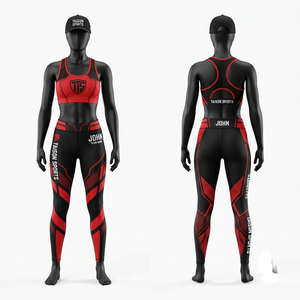 Ensemble Legging et Soutien-Gorge BJJ en Coton Premium 260g avec Bretelles en Y, Col Montant, Décoration Cristal, Motif Rayé et Taille Élastique - Product Image 1
