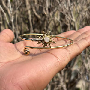 Celestial Sunburst <b>Moonstone</b> Brass Bangle-Handmade Sun Motif Adjustable Cuff-Bohemian Solar Energy Rhodium Plated Bezel Set - Product Image 1