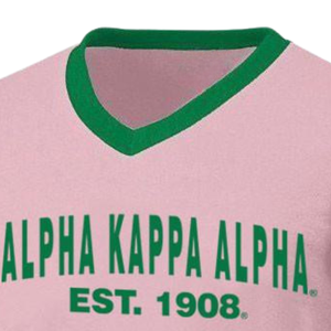 Camiseta Casual de Sorority AKA Boyfriend Style Founders Jersey Rosa Claro Verde con Cuello en V y Manga a Rayas - Product Image 6