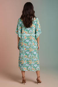 Exquisito Vestido Kaftán de Algodón 100% con Estampado Floral para Mujer, Estilo Bohemio, Mangas Tipo Kimono, Elegante Escote en V, Cintura Alta - Product Image 6