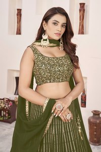 Ovlive Green <b>Sequin</b> Embroidered Lehenga Choli Organza Dupatta A-Line <b>Crop</b> <b>Top</b> Wedding Reception Outfit - Product Image 2