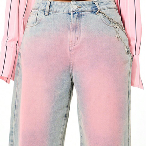Comfortable Women's <b>High</b> <b>Waist</b> Dip Dye Denim <b>Shorts</b> With Chain Decoration Candy Color Gradient Straight Leg Casual Summer Style - Product Image 4