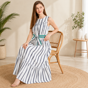 Vestido Largo sin Mangas con Estampado de Puntos Blancos para Mujer, con Cinturón Verde, Estilo Casual Holgado, Transpirable, de Algodón, con Borlas y Capas Transparentes, para Verano - Product Image 6