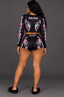 Ensemble 2 pièces pour femme : Crop top à manches longues et short imprimé squelette avec nœud, personnalisable avec logo de marque, vente en gros pour fabricants
