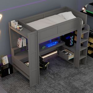 Cama alta de madera gris oscuro tamaño twin para juegos con estación de carga LED y estantes de almacenamiento múltiple. Llegada estimada 2.1 - Product Image 3