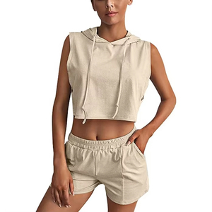 Ensemble crop top sans manches et short pour femme, ensemble de sport en coton mélangé, tenue de sport 2 pièces pour le Pilates. - Product Image 5