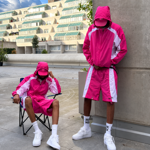 Conjunto de Chaqueta Cortavientos con Capucha y Pantalones Cortos para Hombre, Diseño Color Block, Ligero, de Nailon, Estilo Urbano y Deportivo - Product Image 1
