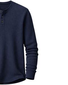 <b>Mens</b> Waffle Henley Long Sleeve <b>Thermal</b> T Shirt Navy Blue Casual Button Neck Winter Wear <b>Top</b> Cotton Slim Fit Breathable Fabric - Product Image 4
