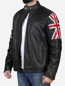 Wholesale Men Genuine <b>Sheepskin</b> Leather <b>Jacket</b> England UK Flag Sleeve British Motorcycle <b>Jacket</b> - Product Image 1