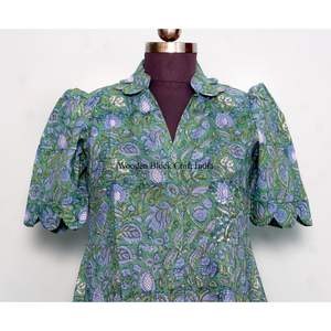 Robe midi pour femme en coton indien imprimé à la main, col en V, manches courtes, silhouette droite, idéale pour les fêtes, les vacances d'été à la plage - Product Image 2