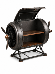 Meuble de bar industriel en forme de baril, style rustique, en métal et bois, avec porte-bouteilles et étagères à verres - Product Image 1