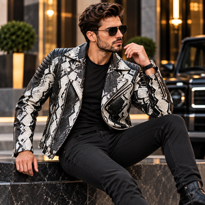 <b>Mens</b> Black White Embossed Snake Skin Leather Biker <b>Jacket</b> Premium Breathable Winter <b>Motorcycle</b> Moto <b>Jacket</b> Stylish - Product Image 5