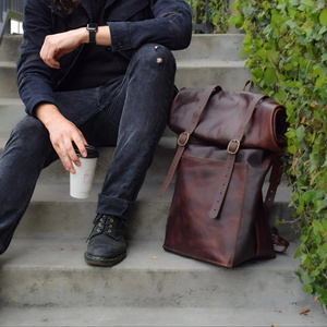 Luxury Cabin Size Leather <b>Roll</b> Top <b>Backpack</b> Carry On Rucksack For Air Travel Premium Business Bag LRTB-0162C - Product Image 1