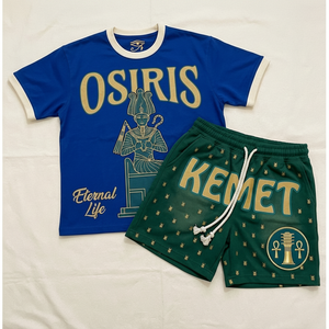 Conjunto de Camiseta y Pantalones Cortos con Temática Egipcia Kemet, Azul Verde, Algodón, Ropa Casual de Verano, Unisex para Adultos, Manga Corta, Pantalones con Cordón - Product Image 1
