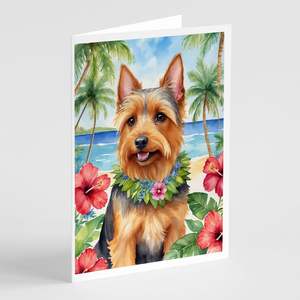 Australian Terrier Luau Whimsical A7 Tarjetas de felicitación Paquete de 8 tarjetas de nota en blanco con sobres Tamaño 5x7 - Product Image 1