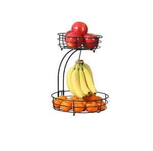 Corbeille à fruits rectangulaire avec support pour bananes, bol à fruits en fil métallique avec base en bois, organisateur de table de cuisine, bol à fruits noir - Product Image 2