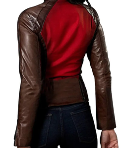 Chaqueta de Motociclista de Cuero Sintético Marrón para Mujer con Cierre de Cremallera y Bloques de Color Rojo, Corte Ajustado, para Otoño - Product Image 4