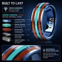 Bague de mariage en carbure de tungstène bleu de 8 mm avec incrustation de turquoise et de bois naturel, bord biseauté, pour homme, ajustement confortable, vente en gros