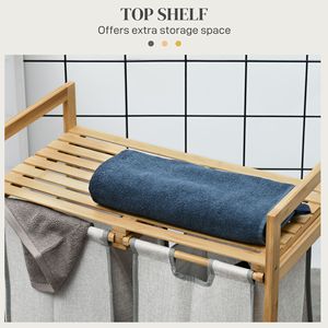 Cesto Portabiancheria Doppio in Bambù con Ripiano, 2 Sacchi Estraibili e Rimovibili, Legno Naturale e Grigio Scuro per Bagno - Product Image 5