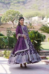 Foil Print Flared Kurta Set For Women Ethnic Gown Style Dress With Dupatta Festive Wear Collection - Product Image 2