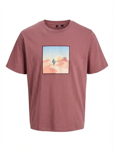 T-shirt décontracté à manches courtes en coton pour homme, imprimé cactus coucher de soleil dans le désert, col rond, 2026 - Product Image 3