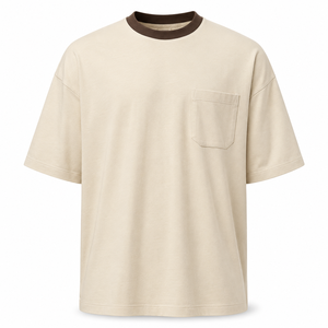 เสื้อยืดคอตตอนคอโอ แขนสั้น สีพื้น ทรงโอเวอร์ไซส์ สไตล์ลำลอง สำหรับผู้ชาย สีครีม รุ่น 2026 - Product Image 6