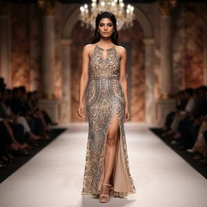 Vestido de Noche de Sirena Moderno y Lujoso con Lentejuelas Bordadas en Color Champán para Mujer |   Cuello halter con espalda en V profunda y sin mangas |   Fiesta Formal - Product Image 3