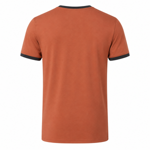 Camiseta al por mayor de cuello en V color naranja quemado con cuello y puños de contraste oscuro, ropa casual personalizada para hombre - Product Image 3