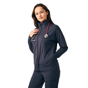 Blouse médicale pour femmes, fermeture éclair intégrale, tricotée en polyester, uniforme d'hôpital gris foncé avec stéthoscope - Product Image 1