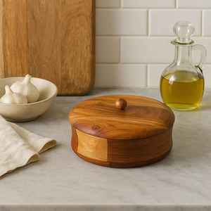 Boîte ronde en bois d'acacia massif durable pour chapati, chauffe-roti, casserole avec couvercle, pour la cuisine, la table à manger, le service et le rangement des aliments - Product Image 3