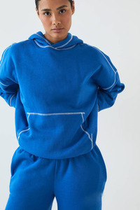 Women Blue Oversized Hoodie Sweatpants <b>Set</b> Casual Streetwear <b>Two</b> <b>Piece</b> Tracksuit Contrast Piping Jogger <b>Lounge</b> Wear Outfit Trend - Product Image 4