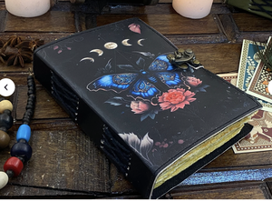 Blank Spell Book Shadows Journal <b>Lock</b> Clasp Vintage Handmade Leather Hardcover Water Color Luna Moths Morpho Butterfly Print - Product Image 4