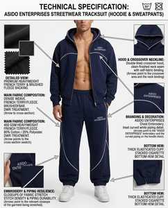 Men's Navy Sweat Suit Pullover Hoodie & Jogger Pants Midweight Contrast Piping Logo Front Custom Streetwear Loose Fit 2XL-6XL - Product Image 2
