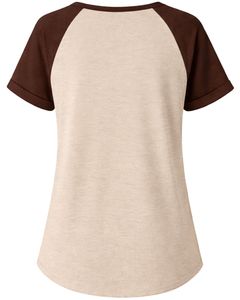 Beige Brown Women T Shirt Short Sleeve Henley Neck Raglan Tee Soft Cotton Casual Summer <b>Top</b> Breathable Comfortable Daily Wear - Product Image 2