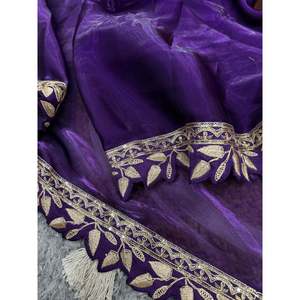 Designer <b>Purple</b> Evening <b>Saree</b> with Sequins Embroidery Work Lace Border 100% Polyester Embroidered Organza Fabric - Product Image 4